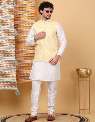 Men silk blend lime yellow embroidered nehru jacket 4