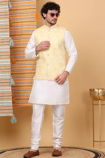 Men silk blend lime yellow embroidered nehru jacket