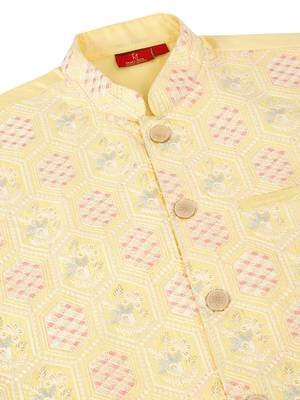 Men silk blend lime yellow embroidered nehru jacket 5