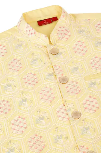 Men silk blend lime yellow embroidered nehru jacket
