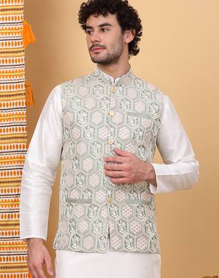 Men silk blend olive embroidered nehru jacket 1