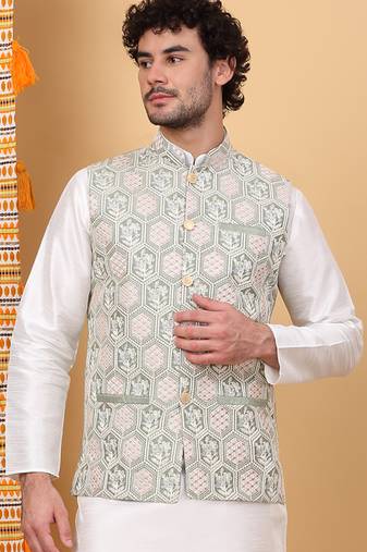 Men silk blend olive embroidered nehru jacket