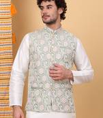 Men silk blend olive embroidered nehru jacket