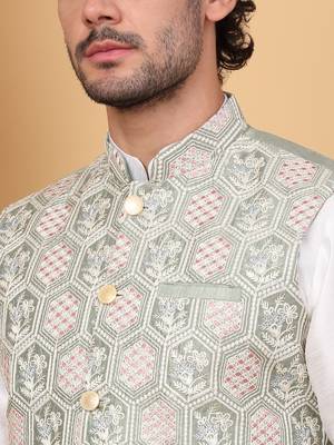 Men silk blend olive embroidered nehru jacket 2