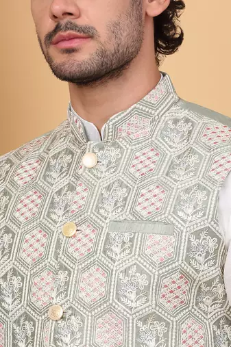 Men silk blend olive embroidered nehru jacket