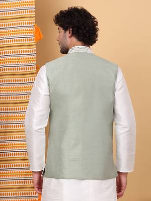 Men silk blend olive embroidered nehru jacket 3