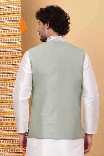 Men silk blend olive embroidered nehru jacket
