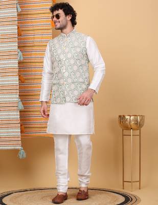 Men silk blend olive embroidered nehru jacket 4