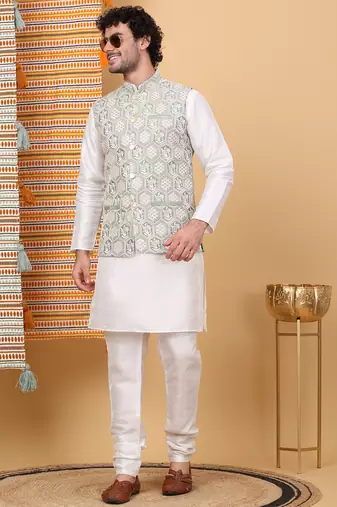 Men silk blend olive embroidered nehru jacket
