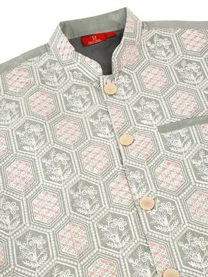 Men silk blend olive embroidered nehru jacket 5