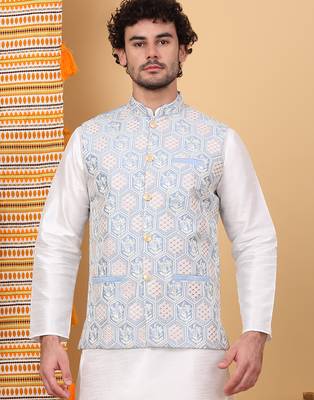 Men silk blend sky blue embroidered nehru jacket 1