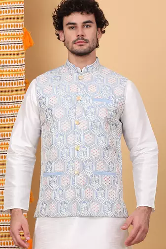 Men silk blend sky blue embroidered nehru jacket
