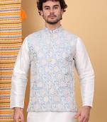 Men silk blend sky blue embroidered nehru jacket