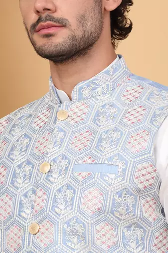 Men silk blend sky blue embroidered nehru jacket