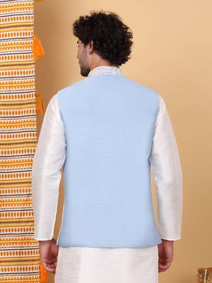 Men silk blend sky blue embroidered nehru jacket 3