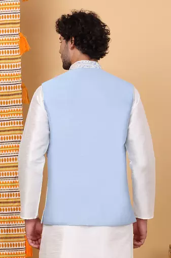 Men silk blend sky blue embroidered nehru jacket