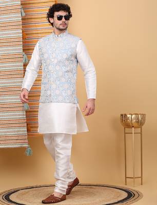 Men silk blend sky blue embroidered nehru jacket 4