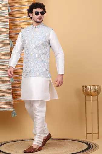 Men silk blend sky blue embroidered nehru jacket