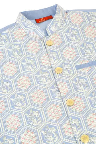 Men silk blend sky blue embroidered nehru jacket