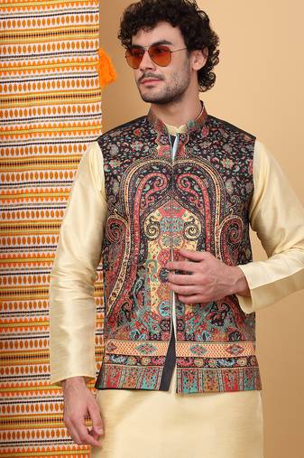 Men silk blend black paisley kashmiri printed nehru jacket