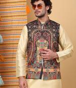 Men silk blend black paisley kashmiri printed nehru jacket