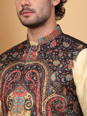 Men silk blend black paisley kashmiri printed nehru jacket 2