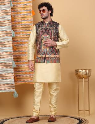 Men silk blend black paisley kashmiri printed nehru jacket 4