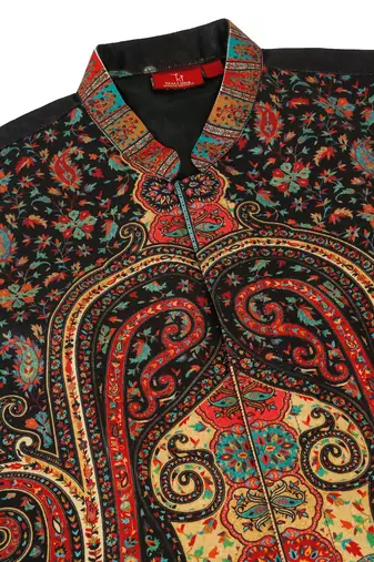 Men silk blend black paisley kashmiri printed nehru jacket
