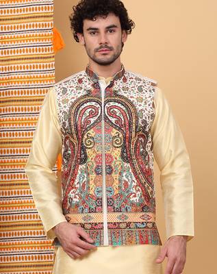 Men silk blend cream paisley kashmiri printed nehru jacket 1