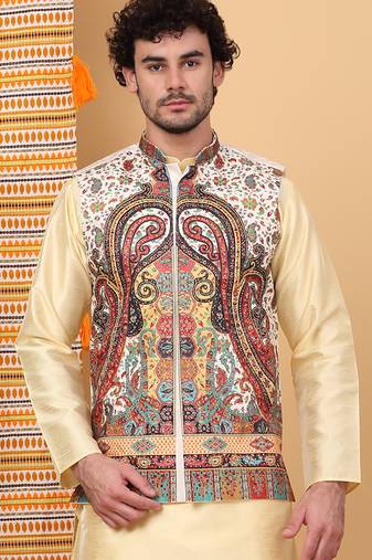 Men silk blend cream paisley kashmiri printed nehru jacket