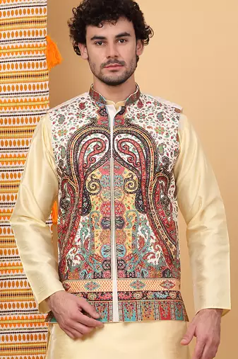 Men silk blend cream paisley kashmiri printed nehru jacket