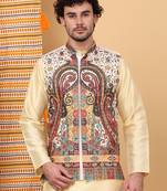 Men silk blend cream paisley kashmiri printed nehru jacket