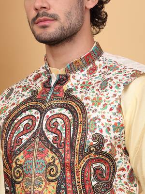 Men silk blend cream paisley kashmiri printed nehru jacket 2
