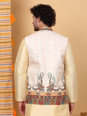 Men silk blend cream paisley kashmiri printed nehru jacket 3