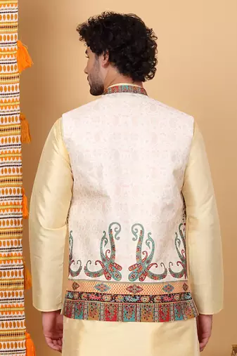 Men silk blend cream paisley kashmiri printed nehru jacket