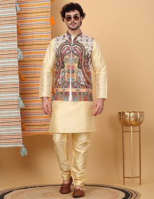 Men silk blend cream paisley kashmiri printed nehru jacket 4
