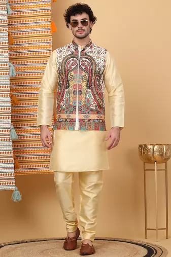Men silk blend cream paisley kashmiri printed nehru jacket