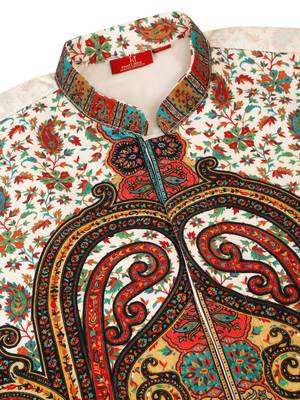 Men silk blend cream paisley kashmiri printed nehru jacket 5