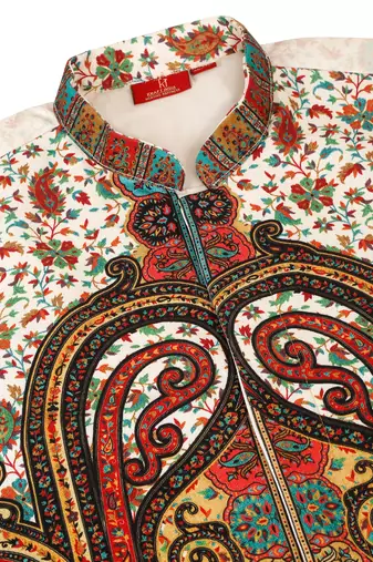 Men silk blend cream paisley kashmiri printed nehru jacket