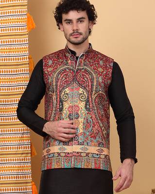 Men silk blend maroon paisley kashmiri printed nehru jacket 1