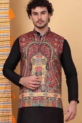 Men silk blend maroon paisley kashmiri printed nehru jacket