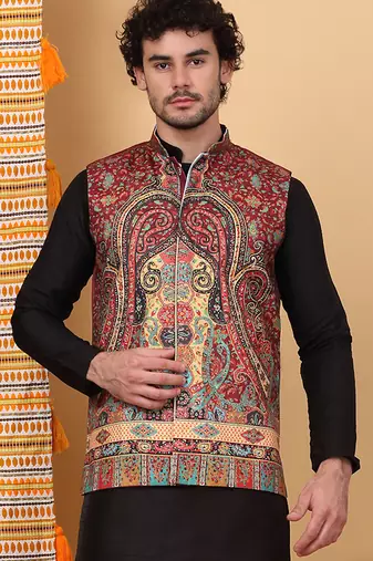 Men silk blend maroon paisley kashmiri printed nehru jacket