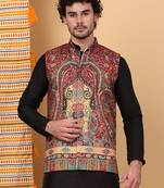 Men silk blend maroon paisley kashmiri printed nehru jacket