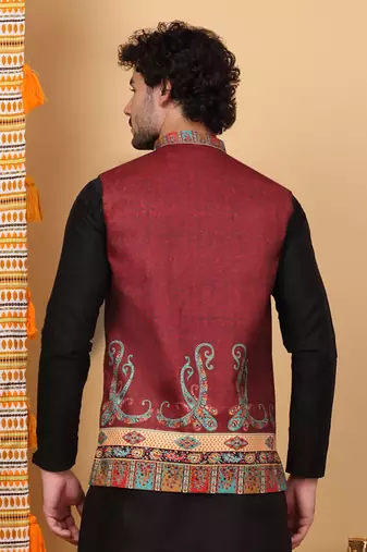 Men silk blend maroon paisley kashmiri printed nehru jacket