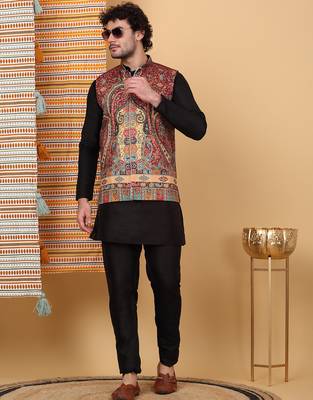 Men silk blend maroon paisley kashmiri printed nehru jacket 4