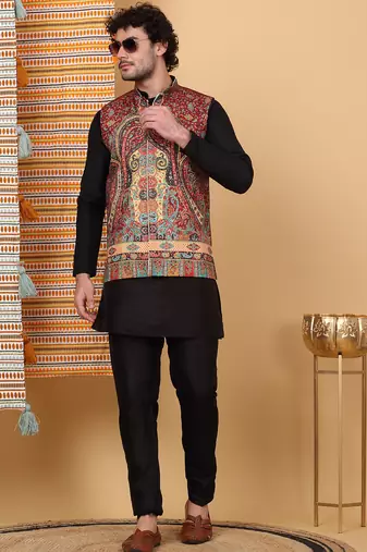 Men silk blend maroon paisley kashmiri printed nehru jacket