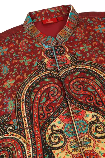 Men silk blend maroon paisley kashmiri printed nehru jacket