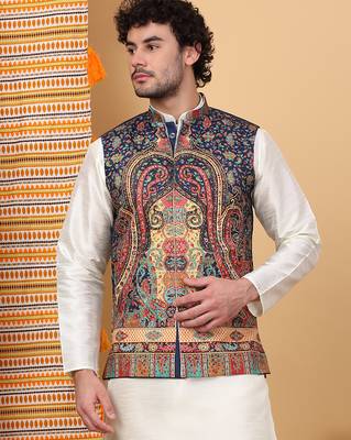 Men silk blend navy blue paisley kashmiri printed nehru jacket 1