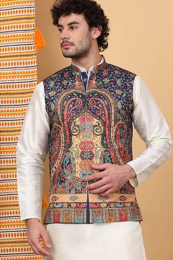 Men silk blend navy blue paisley kashmiri printed nehru jacket