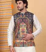 Men silk blend navy blue paisley kashmiri printed nehru jacket